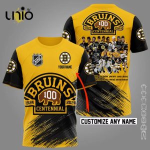 Custom Name Boston Bruins 1924 2024 100th Years Hockey Yellow Apparels Hoodie 3D