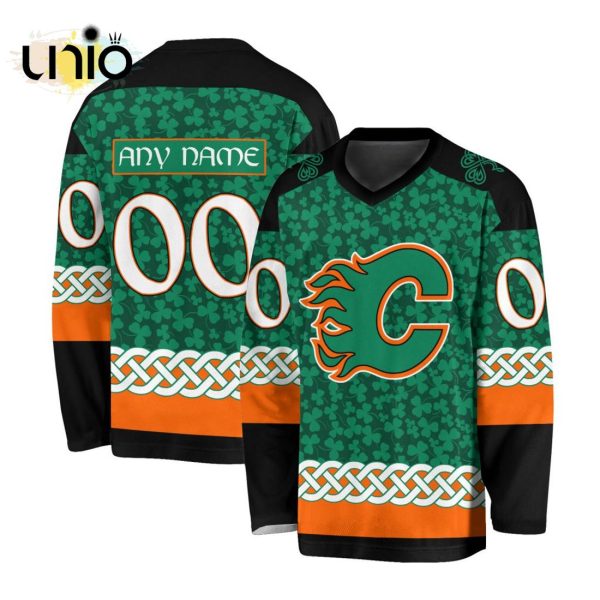 Custom NHL Calgary Flames Special St.Patrick’s Day Design Vneck Long Sleeve