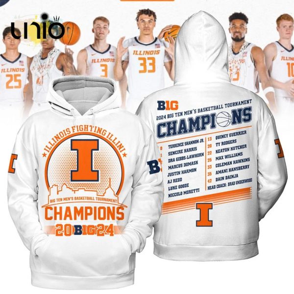 Illinois Fighting Illini 2024 Big Ten Conference Tournament Champions White Hoodie 3D