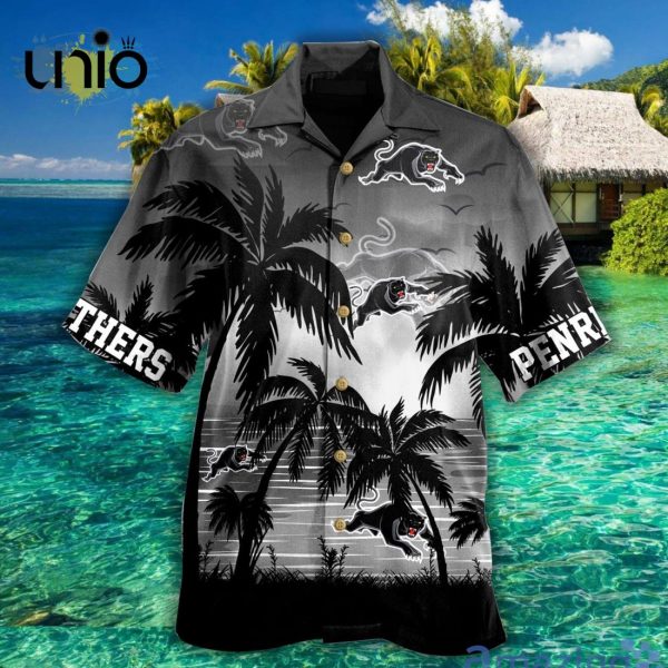 NRL Penrith Panthers Black Gray Palm Trees Hawaiian Shirt