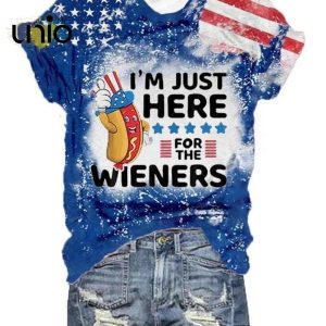 Women’s Independence Day I’m Just Here For The Wieners Flag Print Shirt
