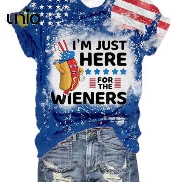 Women’s Independence Day I’m Just Here For The Wieners Flag Print Shirt