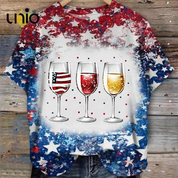 Women’s Independence Day Red Wine Blue Wine Glass Shirt